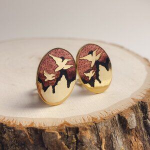 Vintage Flying Bird Western Landscape Mountains Pink Gold Enamel Clip Earrings